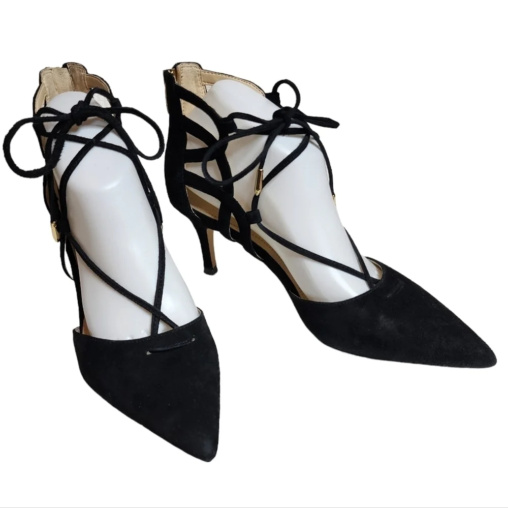 Marc Fisher Black Leather Suede Truthe Lace-up Pointed Toe Pumps Size 7.5
